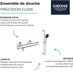 Colonne De Douche Thermostatique|Grohe Mitigeur douche thermostatique Precision Flow + Ensemble de douche 2 jets avec barre Chromé