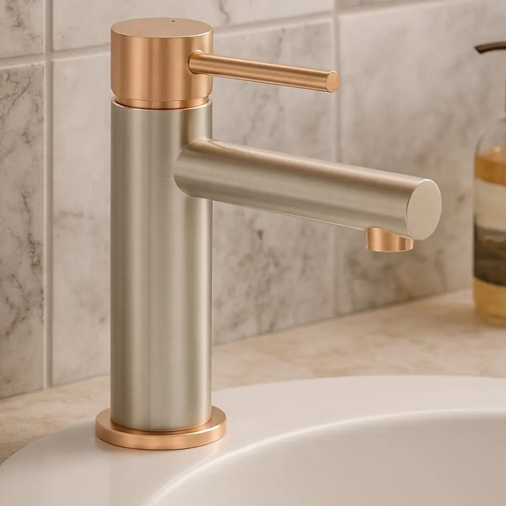 Robinet Lavabo Et Vasque|Essebagno Mitigeur lavabo bas façon inox et or rose Envol