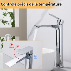 Homelody Mitigeur Lavabo Chromé Bec Haut Monocommande Robinet de Lavabo Eau Chaude et Froide pour Vasque à Poser Salle de Bain