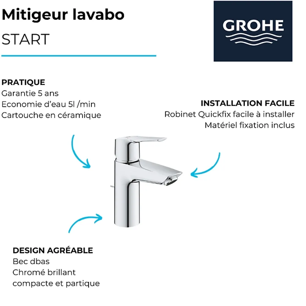 Robinet Lavabo Et Vasque|Grohe Mitigeur lavabo Quickfix Start 2021 avec tirette et vidage chromé taille S