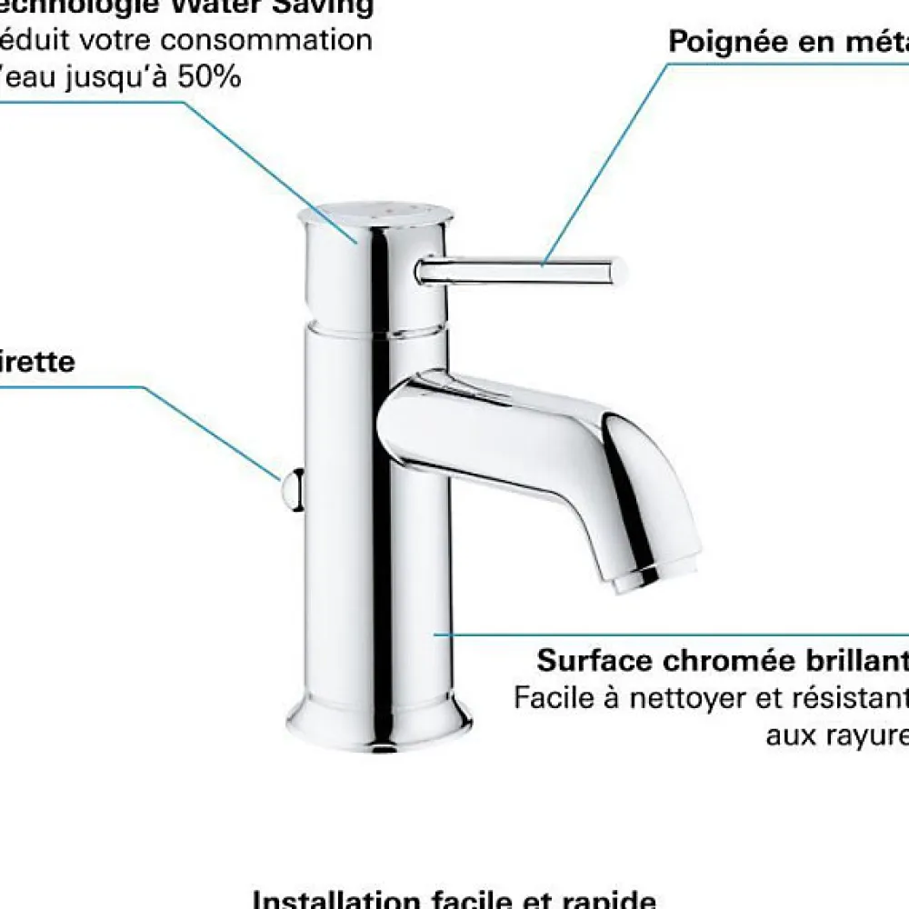 Robinet Lavabo Et Vasque|Grohe Mitigeur lavabo Start Classic - Tirette de vidage - Économie d'eau - Garantie 5 ans