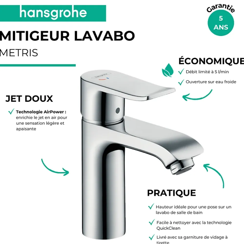 Hansgrohe Mitigeur lavabo Metris 110 CoolStart avec tirette et vidage chromé
