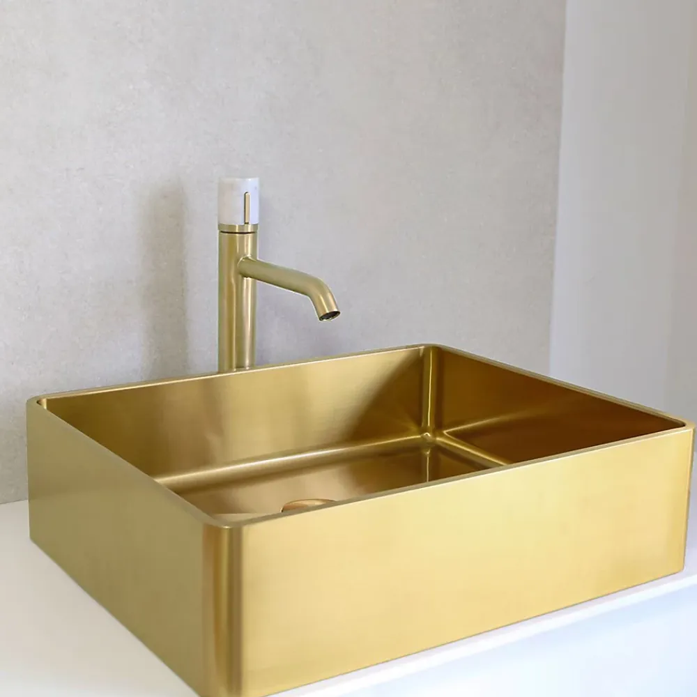 Robinet Lavabo Et Vasque|Essebagno Mitigeur lavabo haut avec vidage en laiton doré et marbre blanc, Manopola