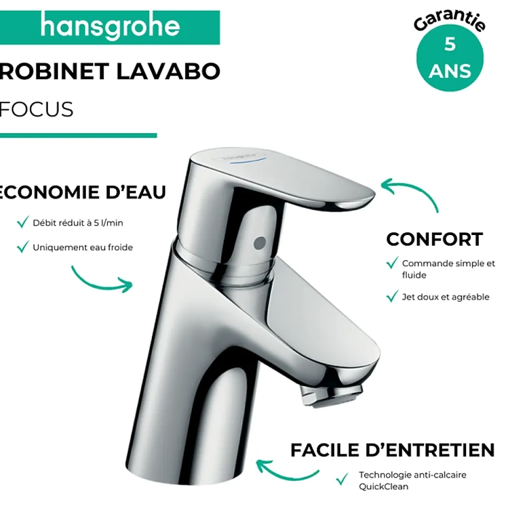 Robinet Lave-Mains|Hansgrohe Mitigeur lave-mains Focus 70 sans tirette ni vidage chrome + nettoyant Briochin