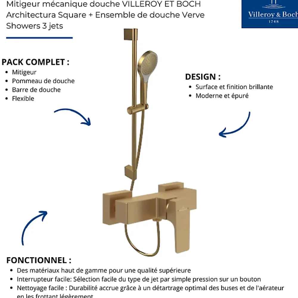 Colonne De Douche Mécanique|Villeroy & Boch Mitigeur mécanique douche VILLEROY ET BOCH Architectura Square + Ensemble de douche Verve Showers 3 jets Or brossé