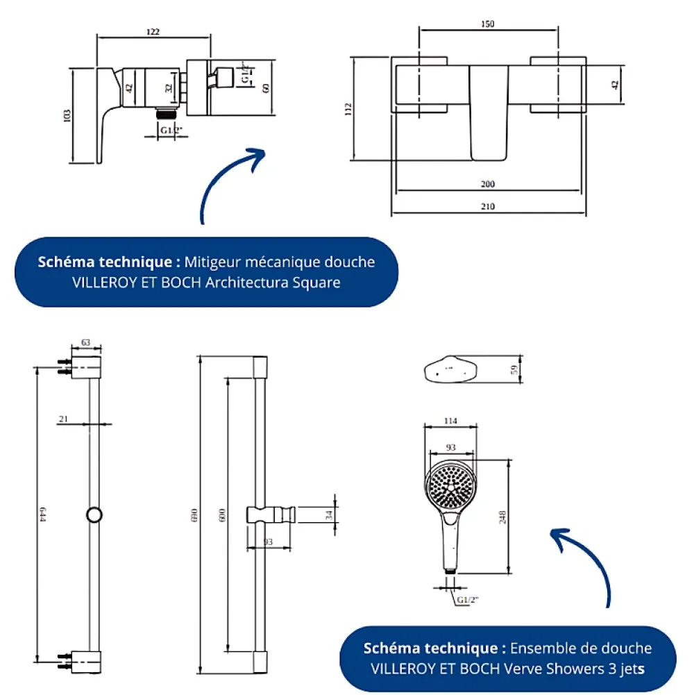 Colonne De Douche Mécanique|Villeroy & Boch Mitigeur mécanique douche VILLEROY ET BOCH Architectura Square + Ensemble de douche Verve Showers 3 jets Or brossé