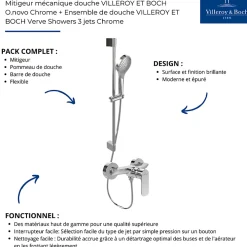 Colonne De Douche Mécanique|Villeroy & Boch Mitigeur mécanique douche VILLEROY ET BOCH O.novo Chrome + Ensemble de douche VILLEROY ET BOCH Verve Showers 3 jets Chrome