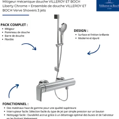 Villeroy & Boch Mitigeur mécanique douche VILLEROY ET BOCH Liberty Chrome + Ensemble de douche VILLEROY ET BOCH Verve Showers 3 jets Chrome