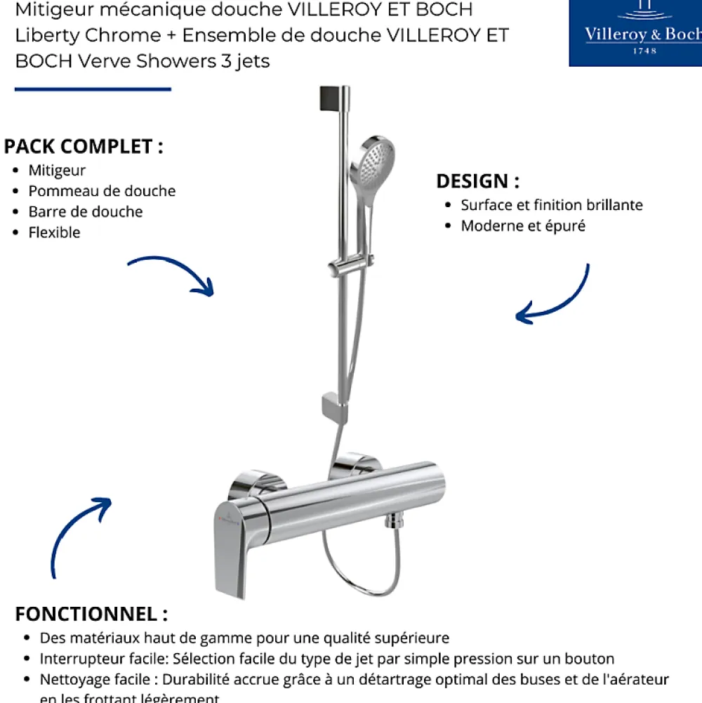 Villeroy & Boch Mitigeur mécanique douche VILLEROY ET BOCH Liberty Chrome + Ensemble de douche VILLEROY ET BOCH Verve Showers 3 jets Chrome