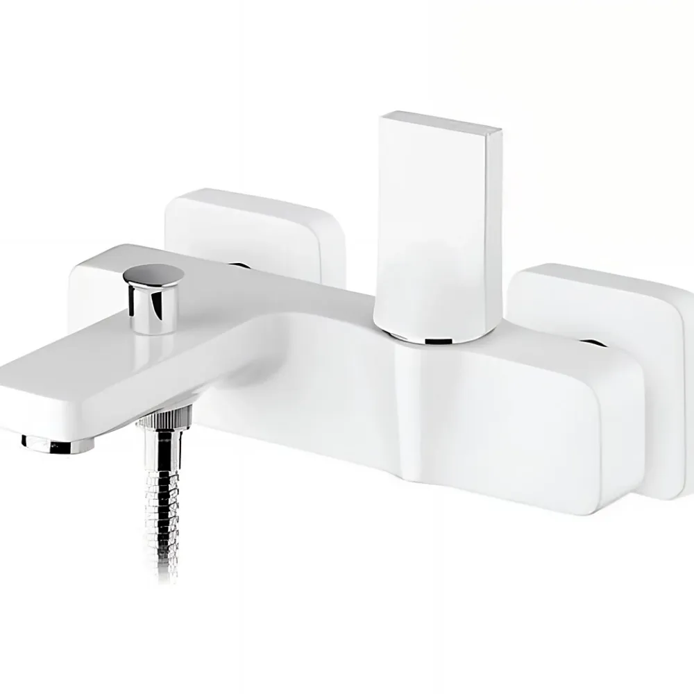 Robinet De Baignoire|Sanindusa Mitigeur mural pour baignoire design plat épuré fonction douche Line 42 blanc et chrome livré avec rosaces de finition