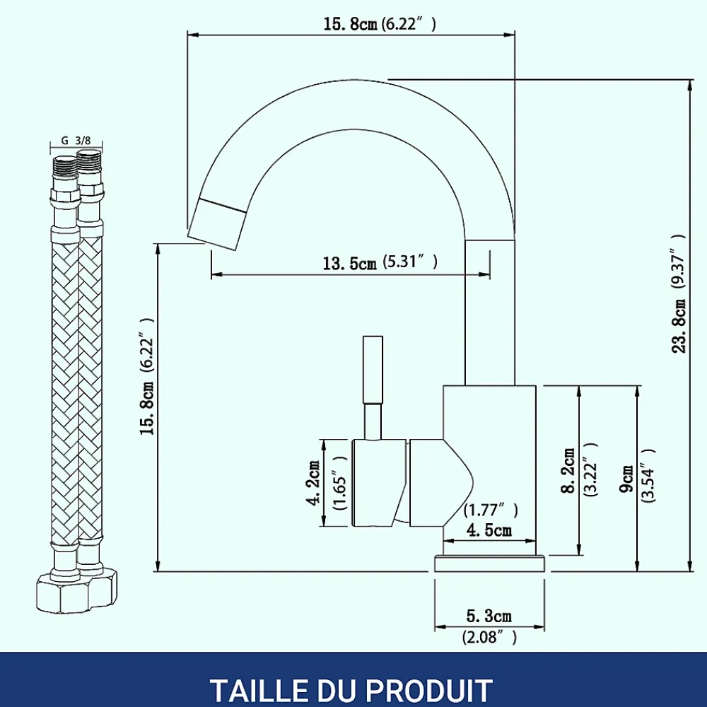 AICA Sanitaire Mitigeur pivotant 360, argent, acier inoxydable, eau chaude/froide, facile à installer, lavabo, petite cuisine, bain/cuisine