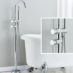 Signature Mitigeur pour baignoire îlot Chrome Bec cascade, douchette, laiton massif