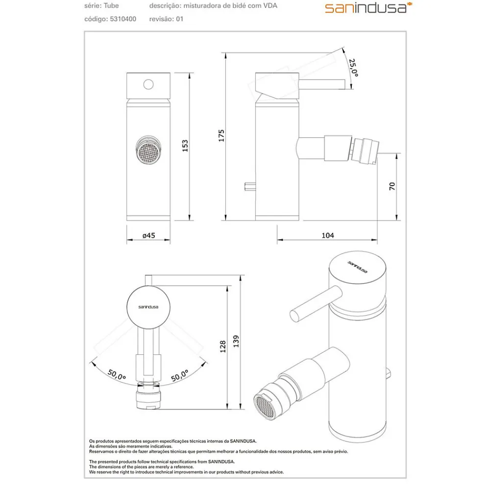 Sanindusa Mitigeur pour bidet bec contemporain Tube chromé livré avec 2 flexibles et son vidage à tirette