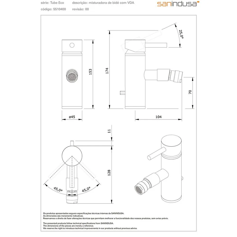 Sanindusa Mitigeur pour bidet bec contemporain mousseur Éco Tube chromé livré avec 2 flexibles et son vidage à tirette