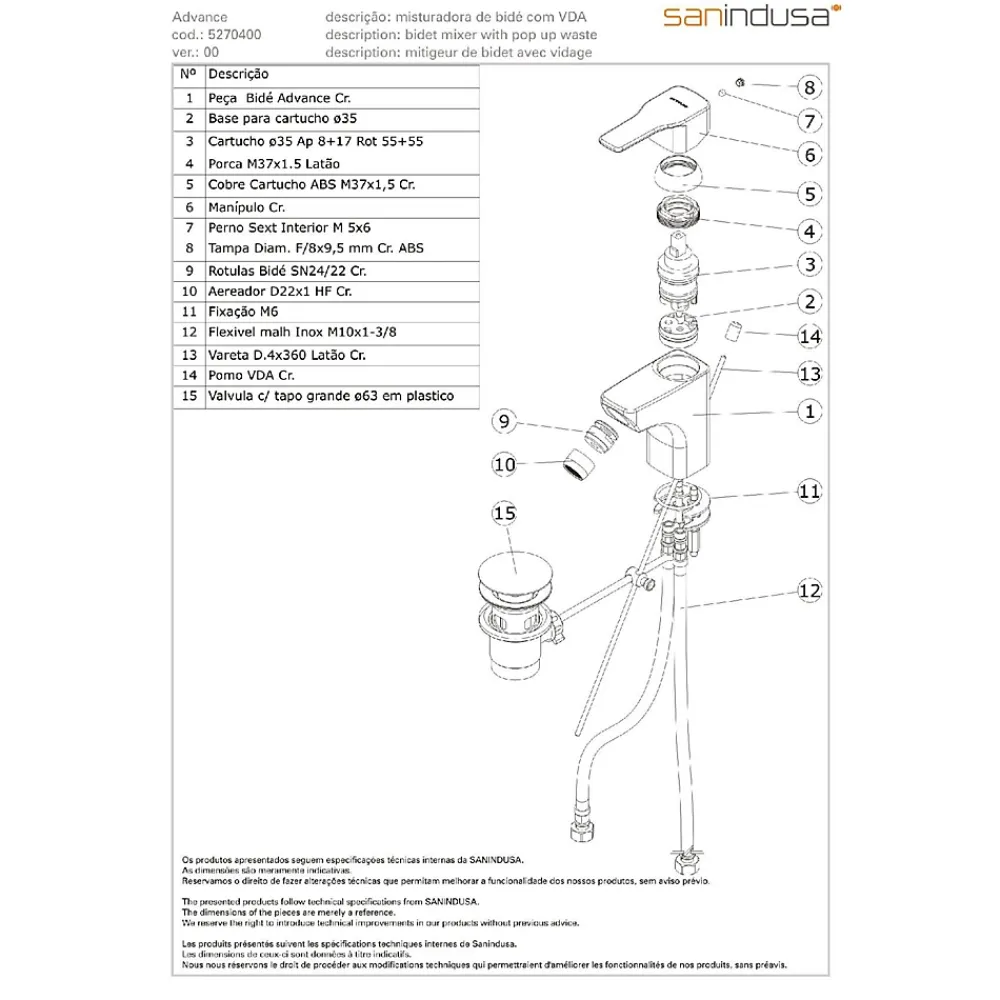 Sanindusa Mitigeur pour bidet mousseur orientable Advance chromé système Écospot