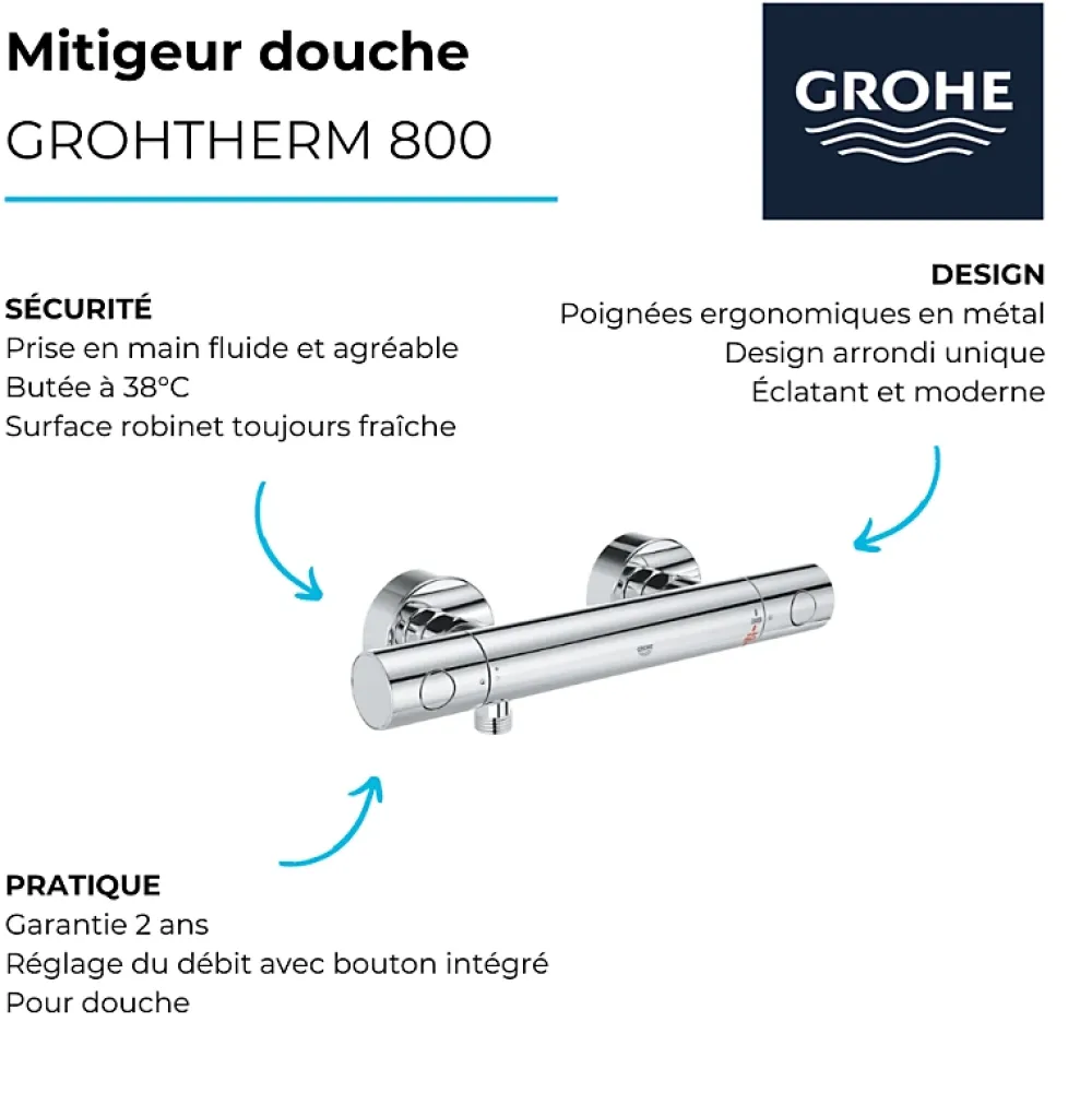 Robinet De Douche|Grohe Mitigeur thermostatique douche Grohtherm 800 chromé avec filtres intégrés