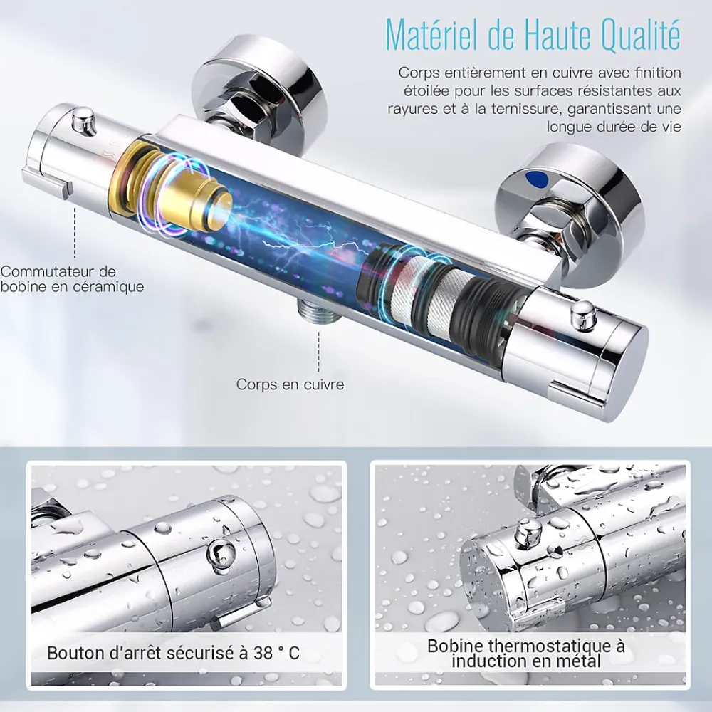 Robinet De Douche|Todot Mitigeur Thermostatique Douche en Laiton Massif Chromé Mural avec Bouton de Sécurité