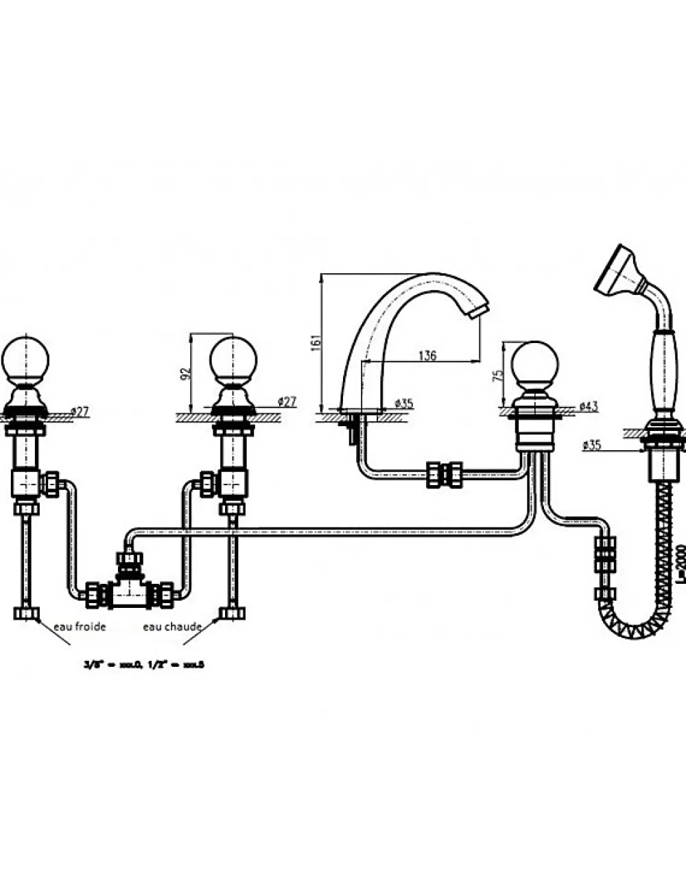 Robinet De Baignoire|Rav Mélangeur baignoire 5 trous BRILLANCE en laiton doré et poignée en cristal
