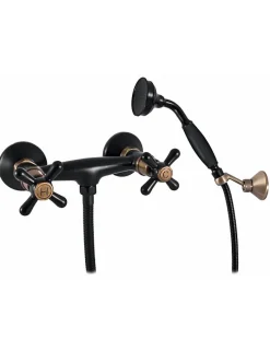 Rav Mélangeur douche mural rétro MOA en laiton bronze noir-Bronze-Avec douchette à support pivotant-Bronze-15 --150 --15