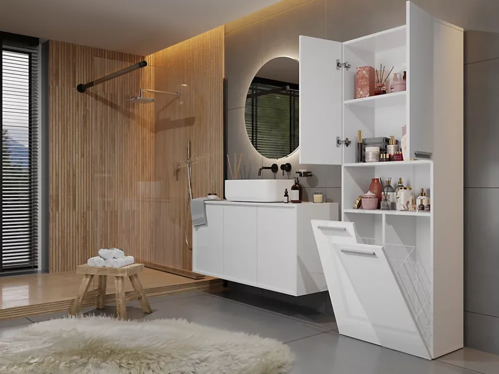 Meuble De Salle De Bains Faible Profondeur|Topeshop MOBY - Armoire de salle de bain avec deux paniers - Poignées minimalistes - 174x60x30cms - Colonne de rangement