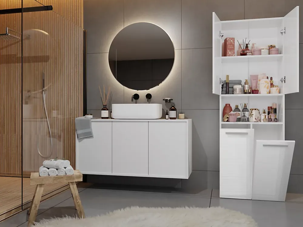 Meuble De Salle De Bains Faible Profondeur|Topeshop MOBY - Armoire de salle de bain avec deux paniers - Poignées minimalistes - 174x60x30cms - Colonne de rangement