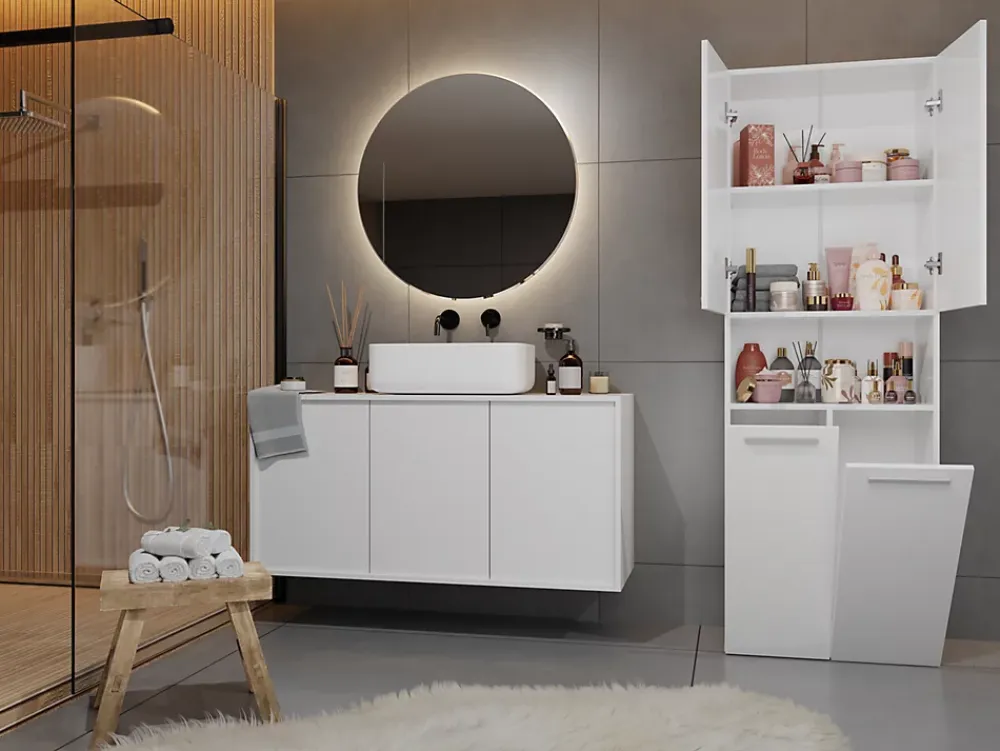 Topeshop MOBY - Armoire de salle de bain avec deux paniers - Poignées minimalistes - 174x60x30cm - Colonne de rangement