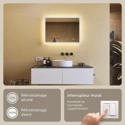 Miroir Lumineux|Artforma Mural Miroir LED 80x60 Miroir Salle de Bain avec tactile et 3 temperatures de Couleur