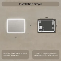 Miroir Lumineux|Artforma Mural Miroir LED 80x60 Miroir Salle de Bain avec tactile et 3 temperatures de Couleur