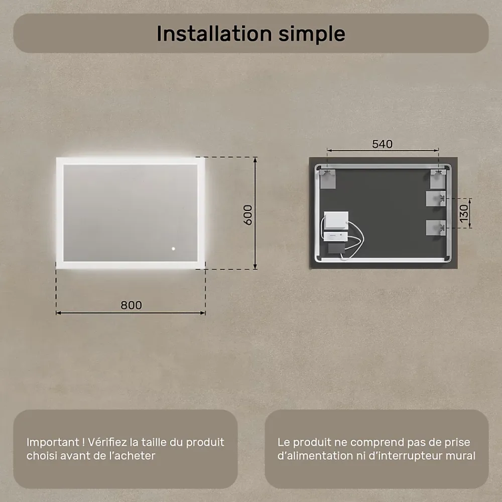 Miroir Lumineux|Artforma Mural Miroir LED 80x60 Miroir Salle de Bain avec tactile et 3 temperatures de Couleur