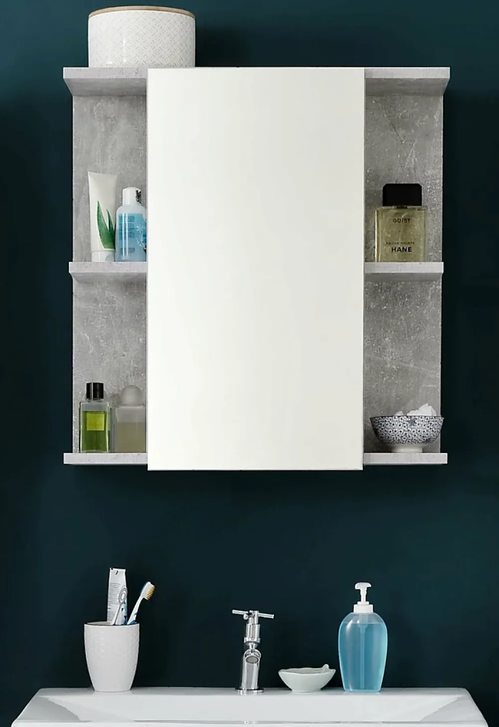 Armoire De Toilette|Trend Team NANO - Meuble de salle de bain - Armoire de toilette avec miroir et LED en mélaminé blanc-gris. L-H-P:60-62-20cm