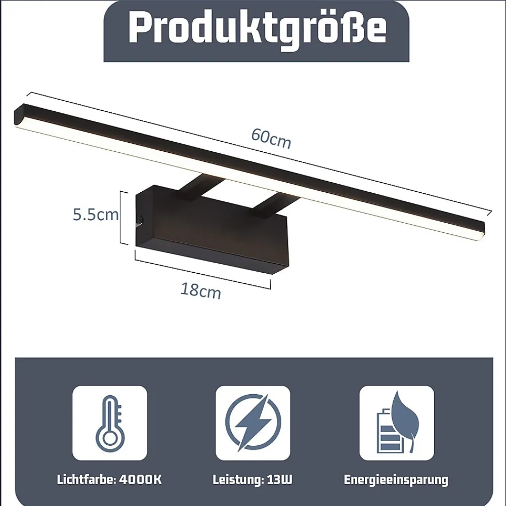 Miroir Grossissant Lumineux|Nettlife Lampe à miroir LED noire 60CM Moderne 4000K Salle de bain Lampe à miroir murale