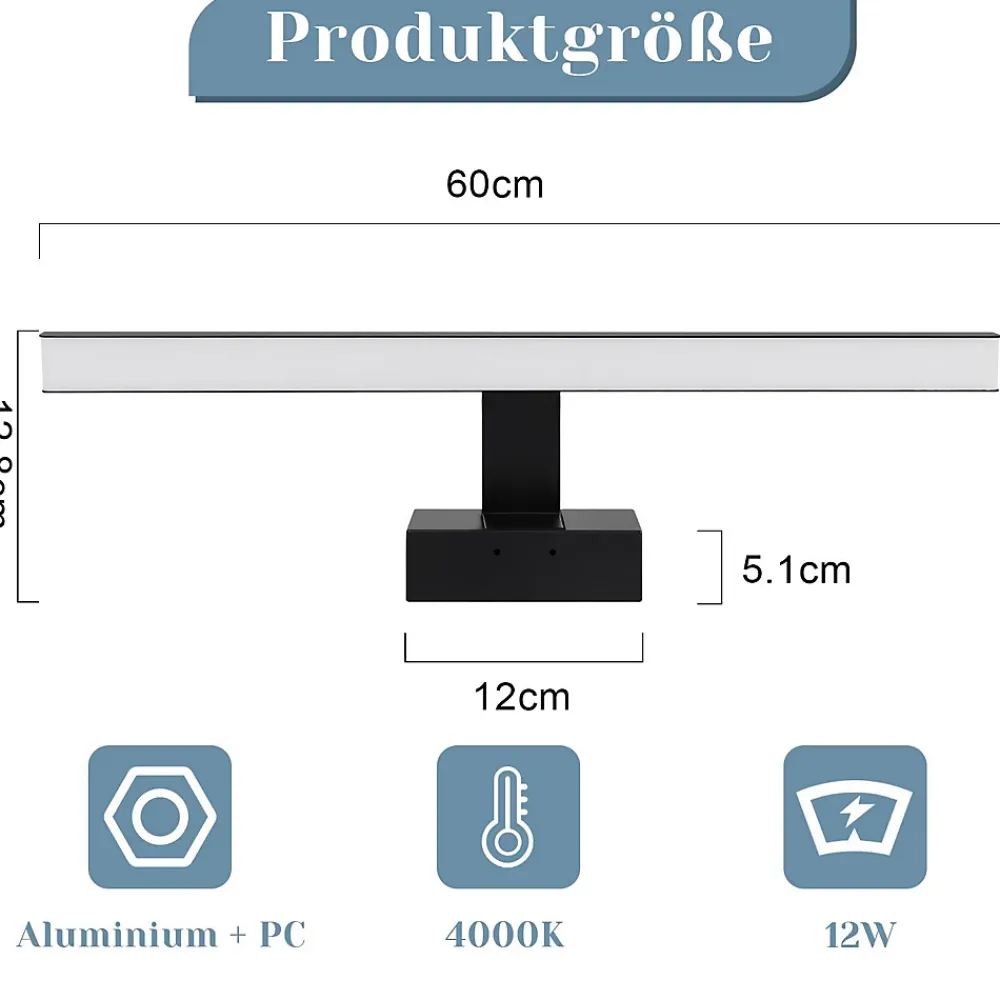 Miroir Grossissant Lumineux|Nettlife Lampe Miroir LED IP44 12W 60cm Blanc Neutre 4000K Salle de Bain Noire