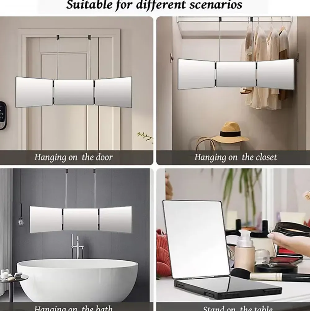 Nettlife Miroir de maquillage à hauteur réglable et design en trois parties Miroir plat et indéformable