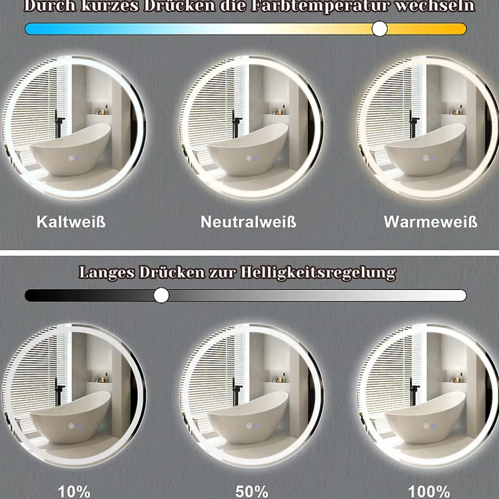 Miroir Lumineux|Nettlife Miroir lumineux salle de bain - Rond 50 cm LED, mural, interrupteur tactile, antibuée, IP44, réglable 3000K-6500K