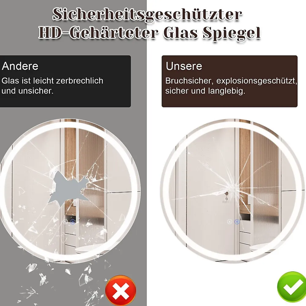 Miroir Lumineux|Nettlife Miroir lumineux salle de bain - Rond 50 cm LED, mural, interrupteur tactile, antibuée, IP44, réglable 3000K-6500K