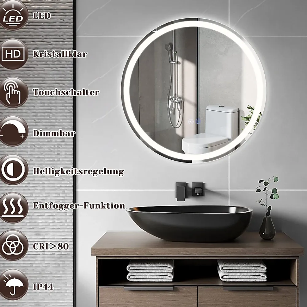 Miroir Lumineux|Nettlife Miroir lumineux salle de bain - Rond 50 cm LED, mural, interrupteur tactile, antibuée, IP44, réglable 3000K-6500K