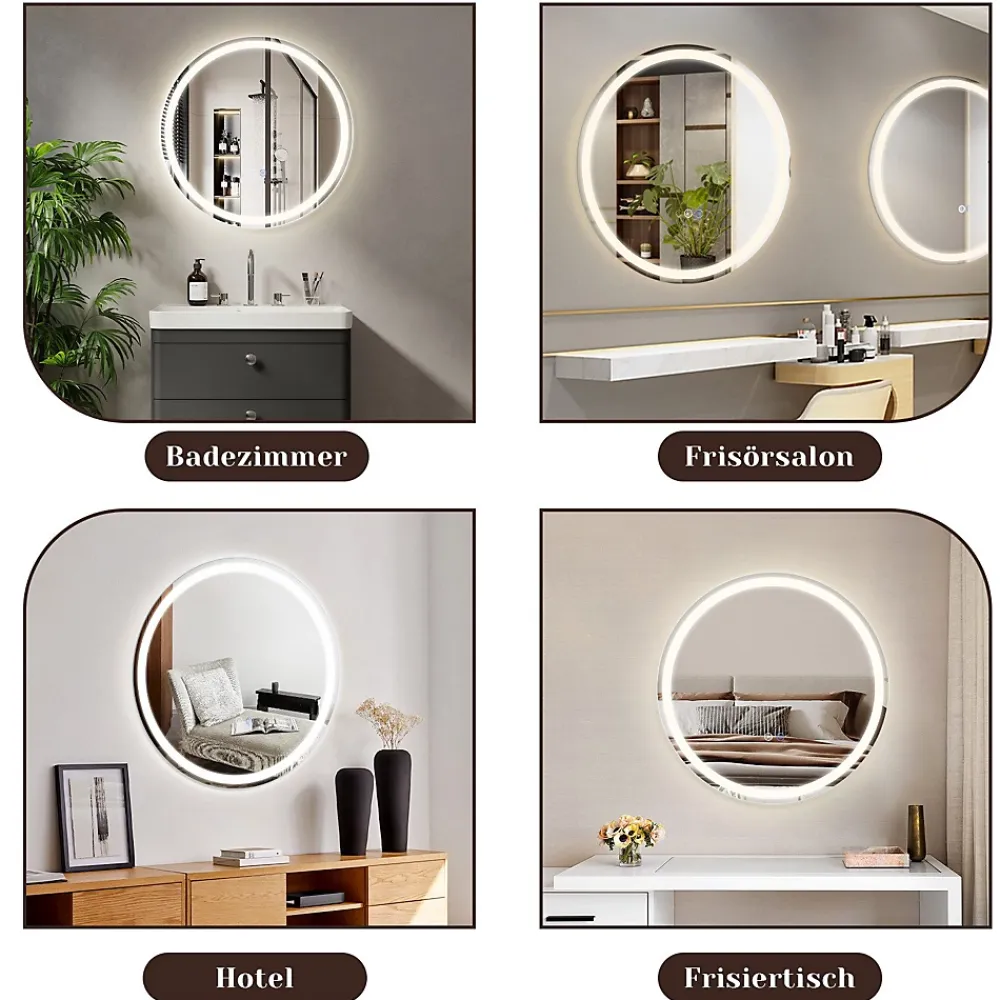 Miroir Lumineux|Nettlife Miroir lumineux salle de bain - Rond 50 cm LED, mural, interrupteur tactile, antibuée, IP44, réglable 3000K-6500K