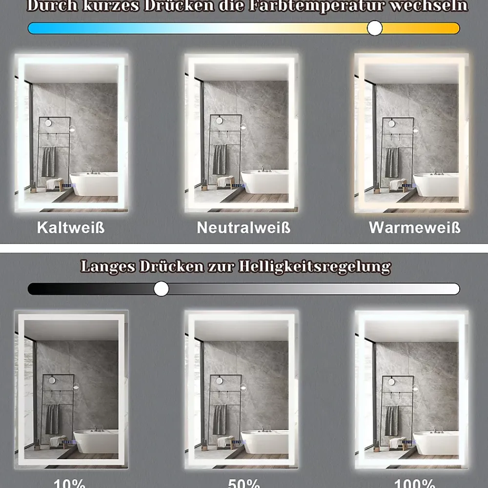 Miroir Lumineux|Nettlife Miroir lumineux salle de bain - 50x70 cm LED, mural, IP44, interrupteur tactile, horloge, antibuée, réglable