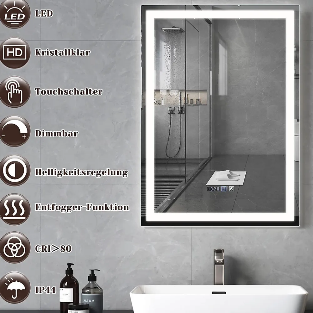Miroir Lumineux|Nettlife Miroir lumineux salle de bain - 50x70 cm LED, mural, IP44, interrupteur tactile, horloge, antibuée, réglable
