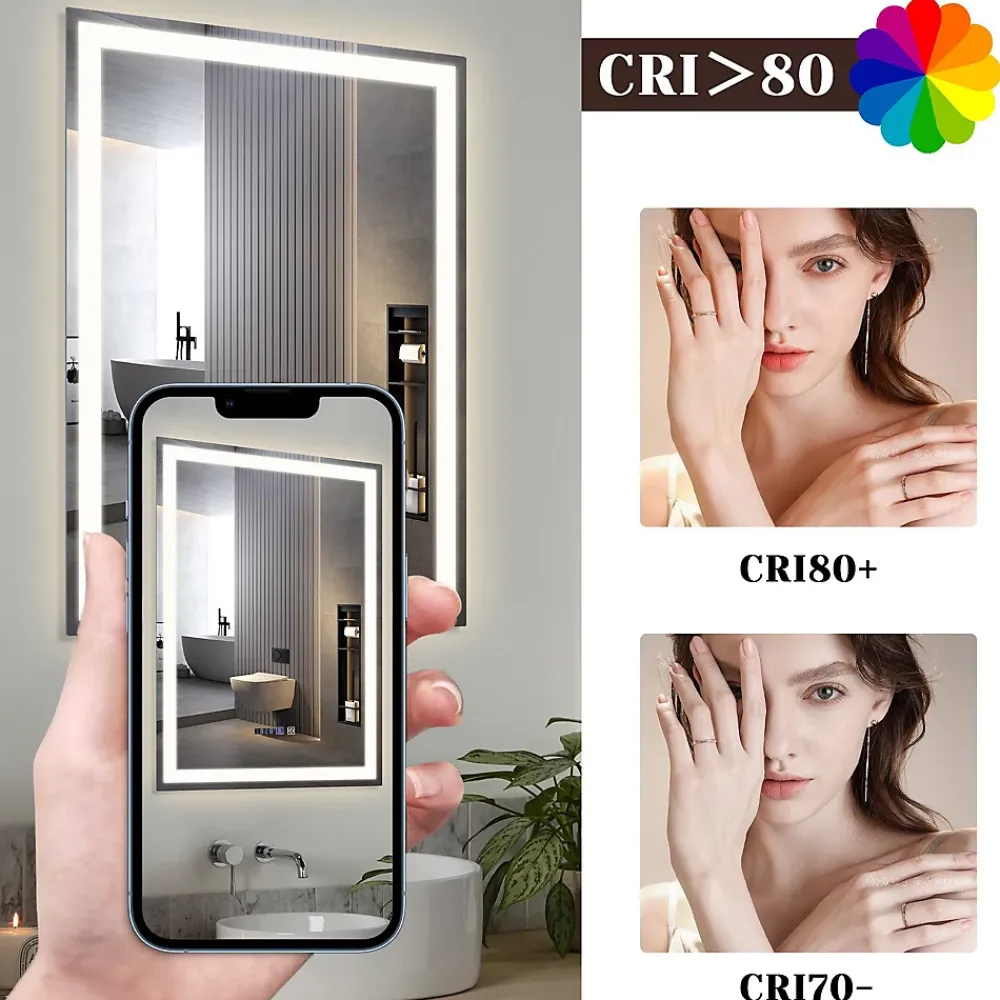 Miroir Lumineux|Nettlife Miroir lumineux salle de bain - 50x70 cm LED, mural, IP44, interrupteur tactile, horloge, antibuée, réglable