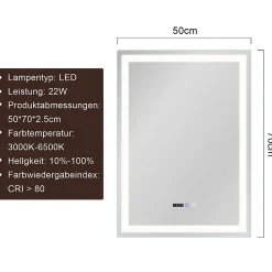 Miroir Lumineux|Nettlife Miroir lumineux salle de bain - 50x70 cm LED, mural, IP44, interrupteur tactile, horloge, antibuée, réglable