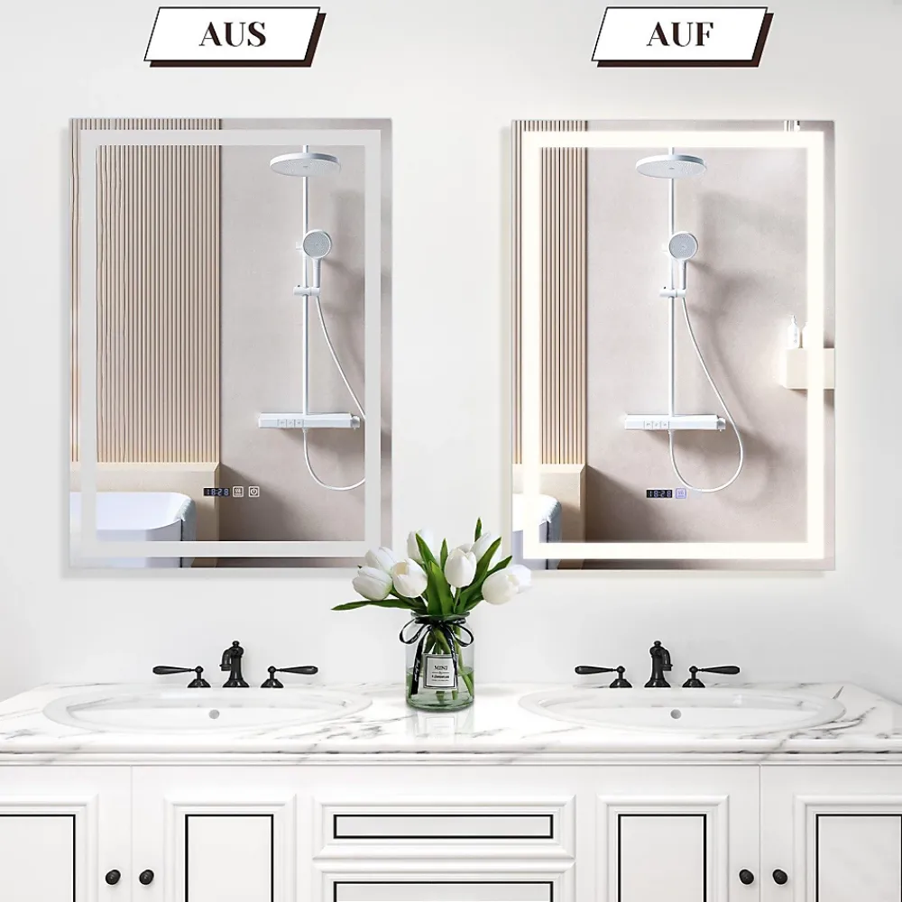 Miroir Lumineux|Nettlife Miroir lumineux salle de bain - 50x70 cm LED, mural, IP44, interrupteur tactile, horloge, antibuée, réglable