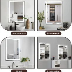 Miroir Lumineux|Nettlife Miroir lumineux salle de bain - 50x70 cm LED, mural, IP44, interrupteur tactile, horloge, antibuée, réglable