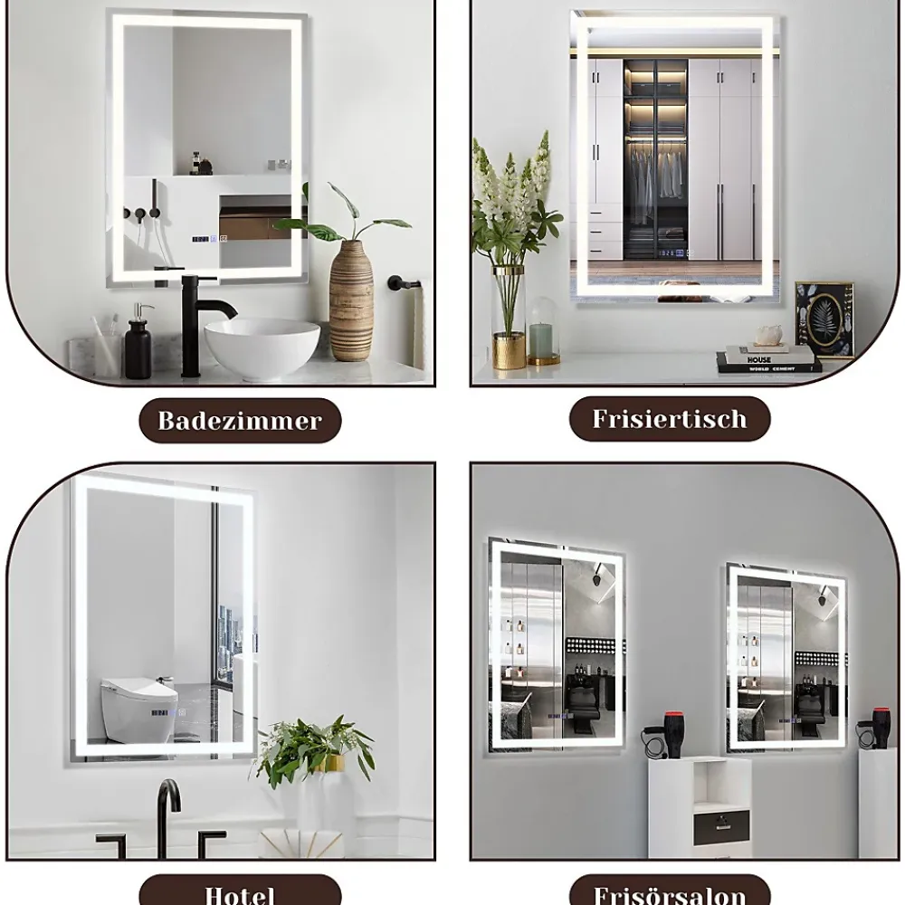 Miroir Lumineux|Nettlife Miroir lumineux salle de bain - 50x70 cm LED, mural, IP44, interrupteur tactile, horloge, antibuée, réglable