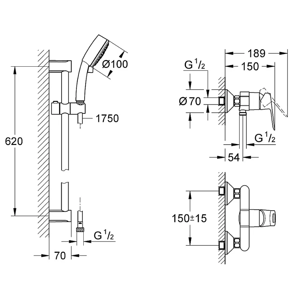 Grohe New Tempesta Cosmopolitan 100 ensemble de douche 2 jets + mitigeur monocommande, clapet anti-retour, chrome (23354000-26076002)