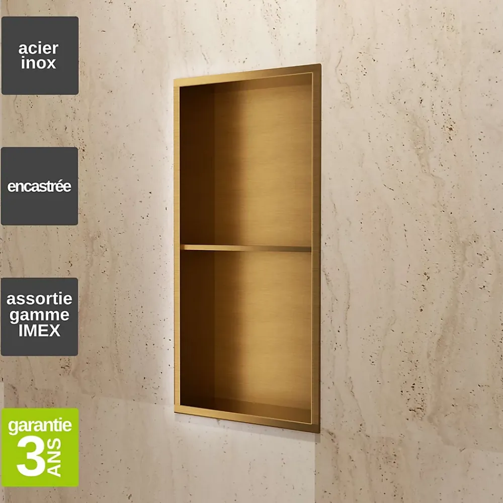 Niche De Salle De Bains|Ledimex Niche de Douche Mural 33 x 63 cm - Rangement Salle de Bain en finition Or Brossé - ARTIC