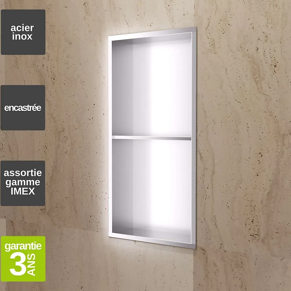 Ledimex Niche de Douche Mural 33 x 63 cm - Rangement Salle de Bain en finition Niquel Brossé - ARTIC