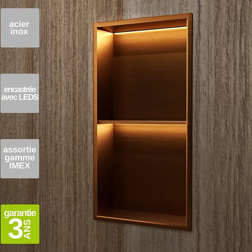 Ledimex Niche de Douche Mural Éclairage Led 33 x 63 cm - Rangement Salle de Bain en finition Cuivré - MARSHALL
