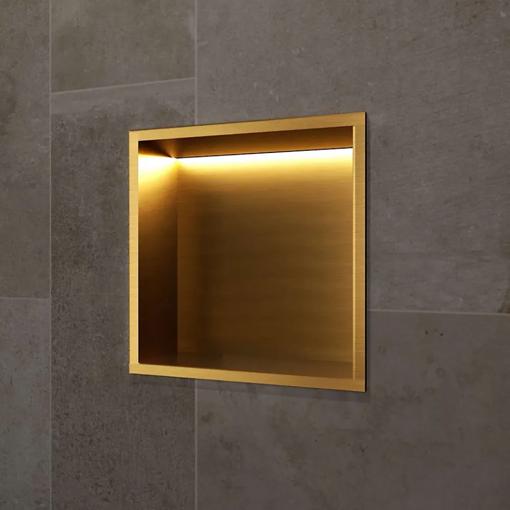 Niche De Salle De Bains|Ledimex Niche de Douche Mural Éclairage Led 33 x 33 cm - Rangement Salle de Bain en finition Or Brossé - INDIC