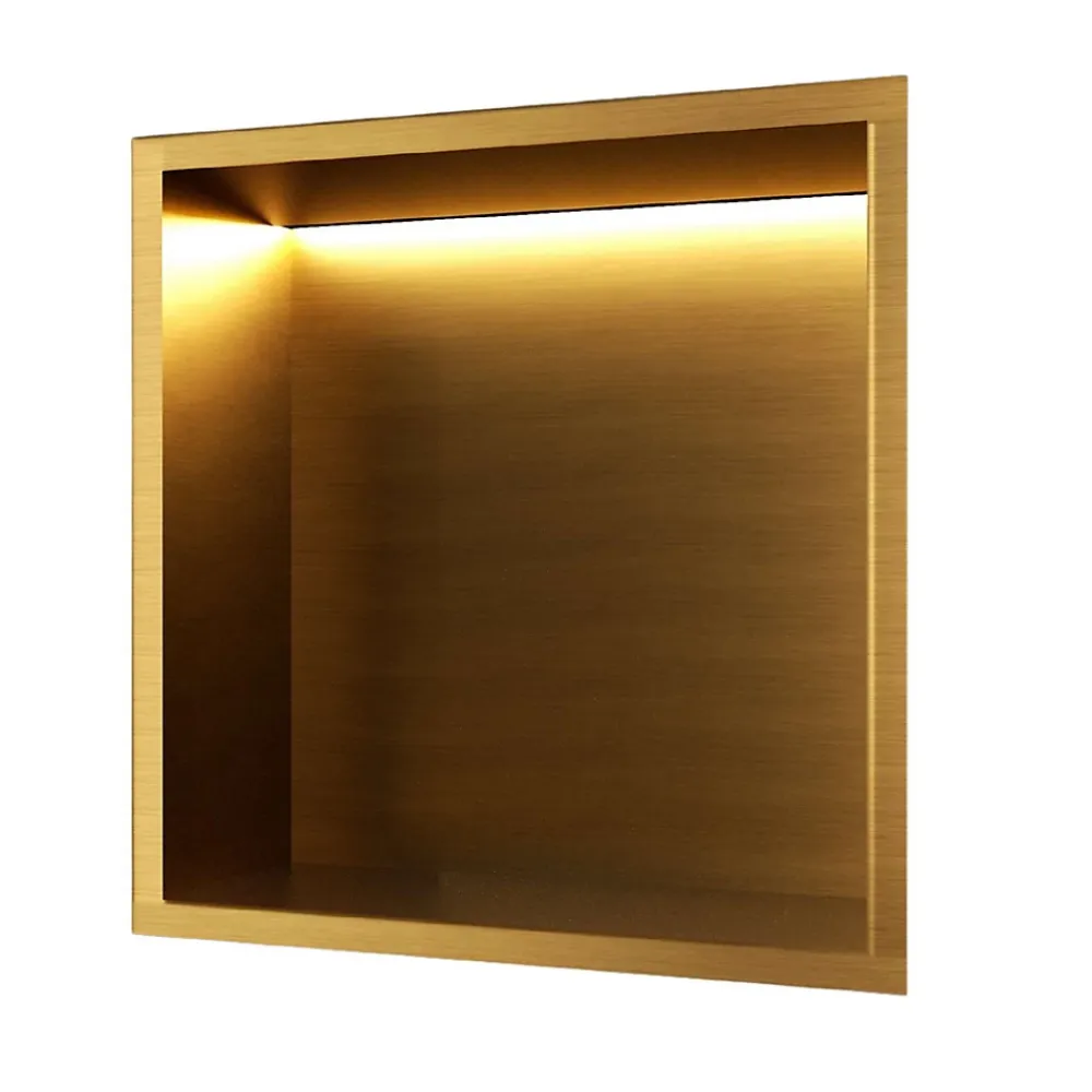 Niche De Salle De Bains|Ledimex Niche de Douche Mural Éclairage Led 33 x 33 cm - Rangement Salle de Bain en finition Or Brossé - INDIC